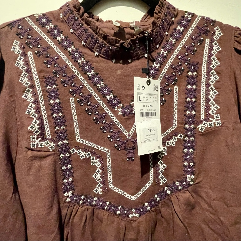 New with Tags Embroidered Zara Top Maroon Brown Size L Large